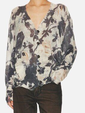 R13 Women's Ivory Linen Floral Knit Distressed Boyfriend Cardigan Sweater Size L